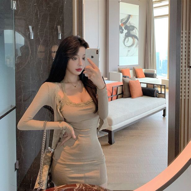 Suhao Renda Sling Pinggang Seksi Rajutan Gaun Wanita Musim Gugur All-Match Lengan Panjang Kecil Cardigan Dua Potong setelan Gaya Hong Kong