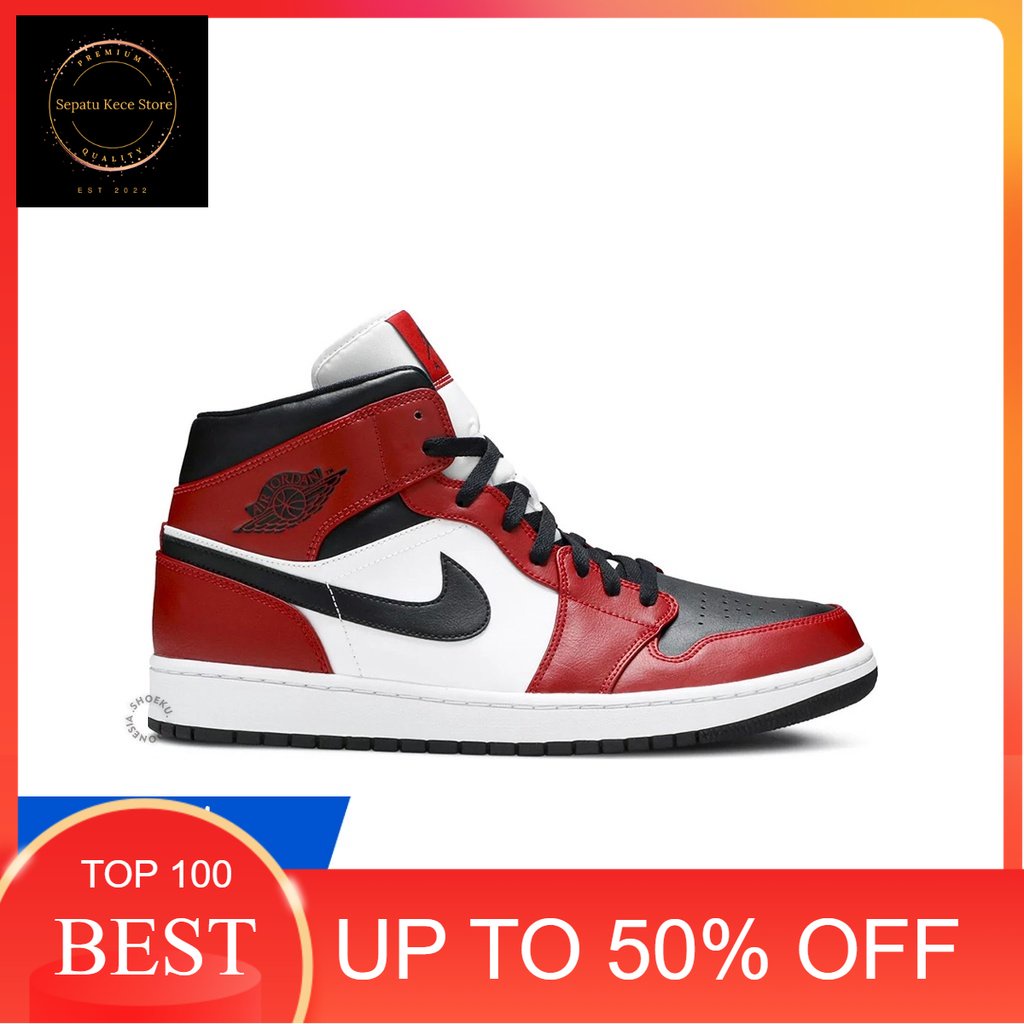 Sepatu Sneakers Air Jordan 1 Mid 'Chicago Black Toe' Import Original Pria Wanita