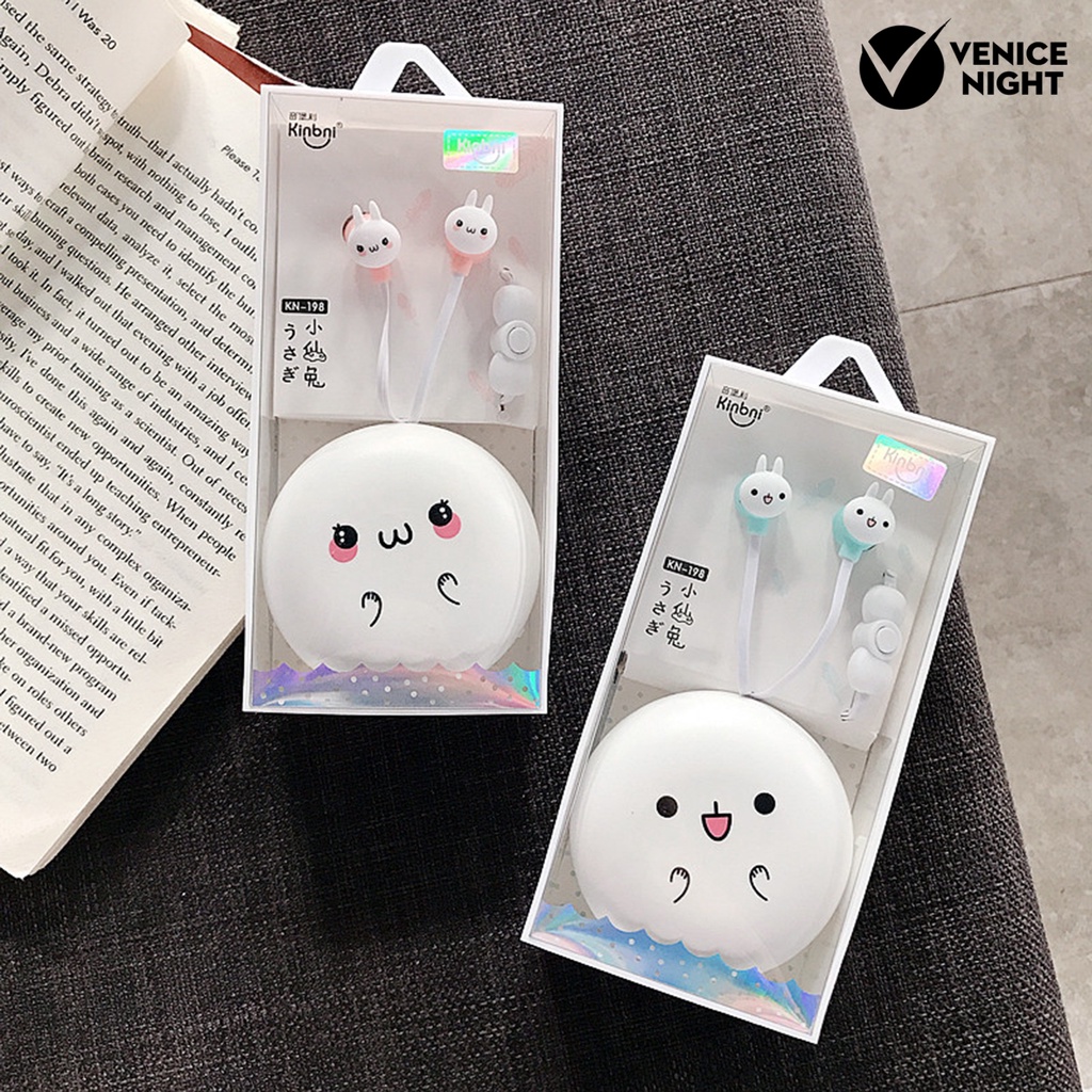 (VNEP) (Berkabel) Earphone In-ear 3D Stereo Surround Earbud Musik Kartun Lucu dengan Kotak Penyimpanan untuk Siswa