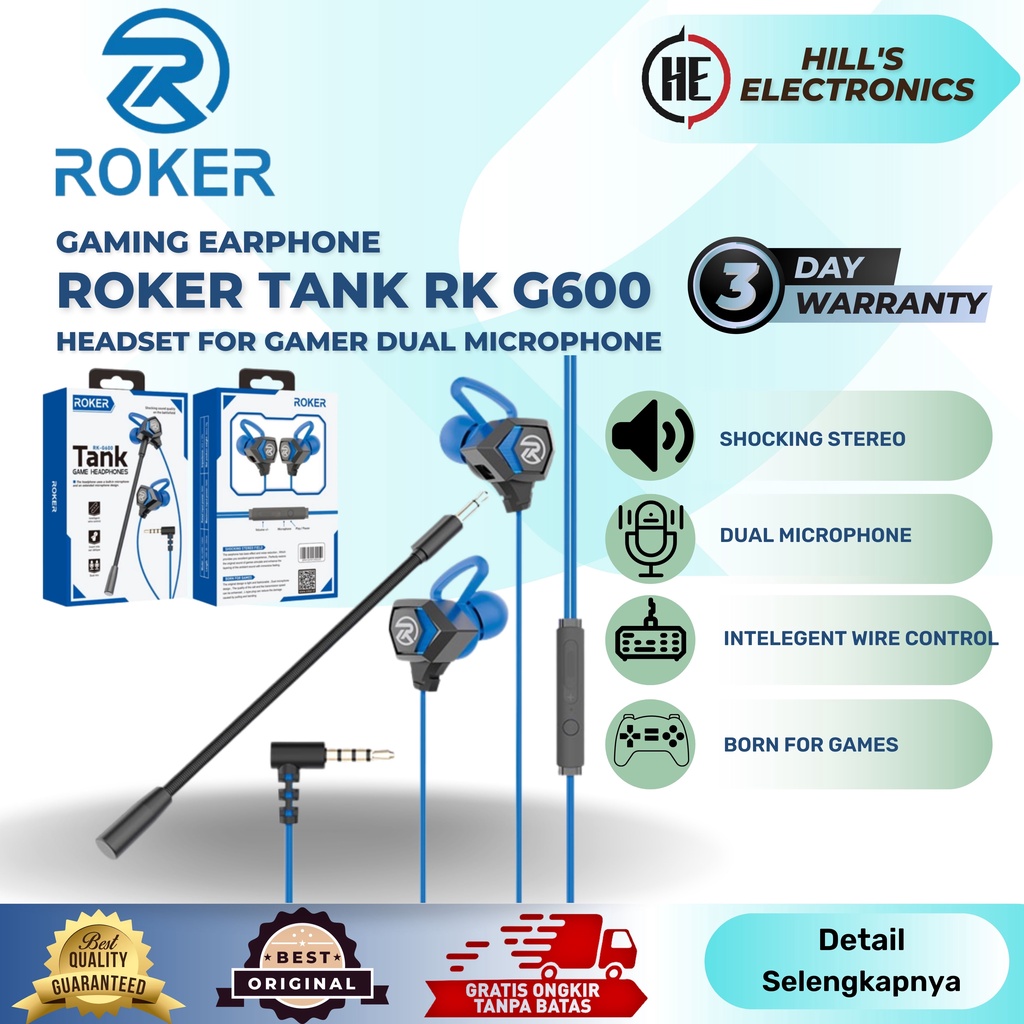 Roker Tank Earphone Headset Gaming Dual Michrophone Fullbass