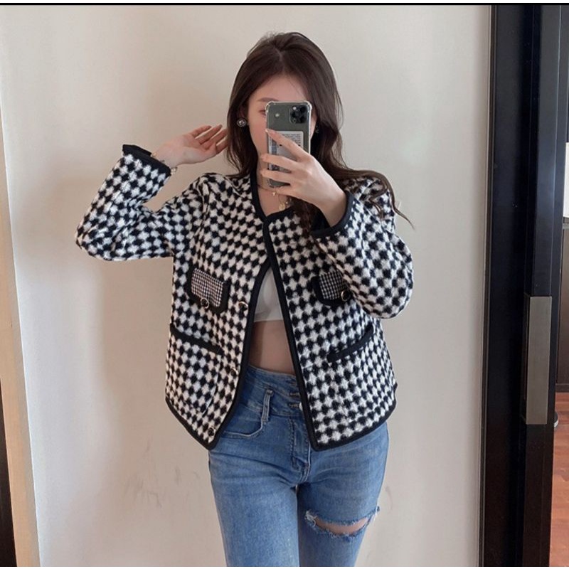 VN VICTORIA FUR CARDIGAN HOUNDSTOOTH KOREAN WINTER