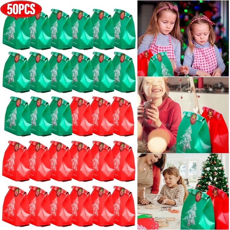 50 Pcs Tas Penyimpanan Permen Biskuit Bentuk Pohon Natal Snowflake Untuk Dekorasi