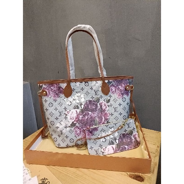 tas fashion Tote LV neverfull bunga free box, tas Tote flora set dompet size medium