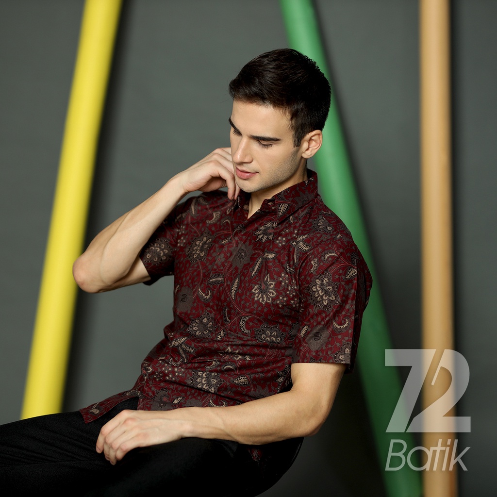 KEMEJA BATIK PRIA Lengan Pendek Premium Kembang Setaman Merah Maroon 722665 Cap 72 - Baju Kemeja Atasan Pakaian Setelan Batik Pria Cowok Laki Laki Remaja Keluarga Kantor Lengan Panjang Modern Slimfit Slim Fit Premium Kekinian