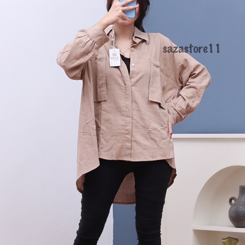 Gea Top - Kemeja Oversize Linen Wanita - Linen Crinkle Shirt - Atasan Wanita Lengan Panjang