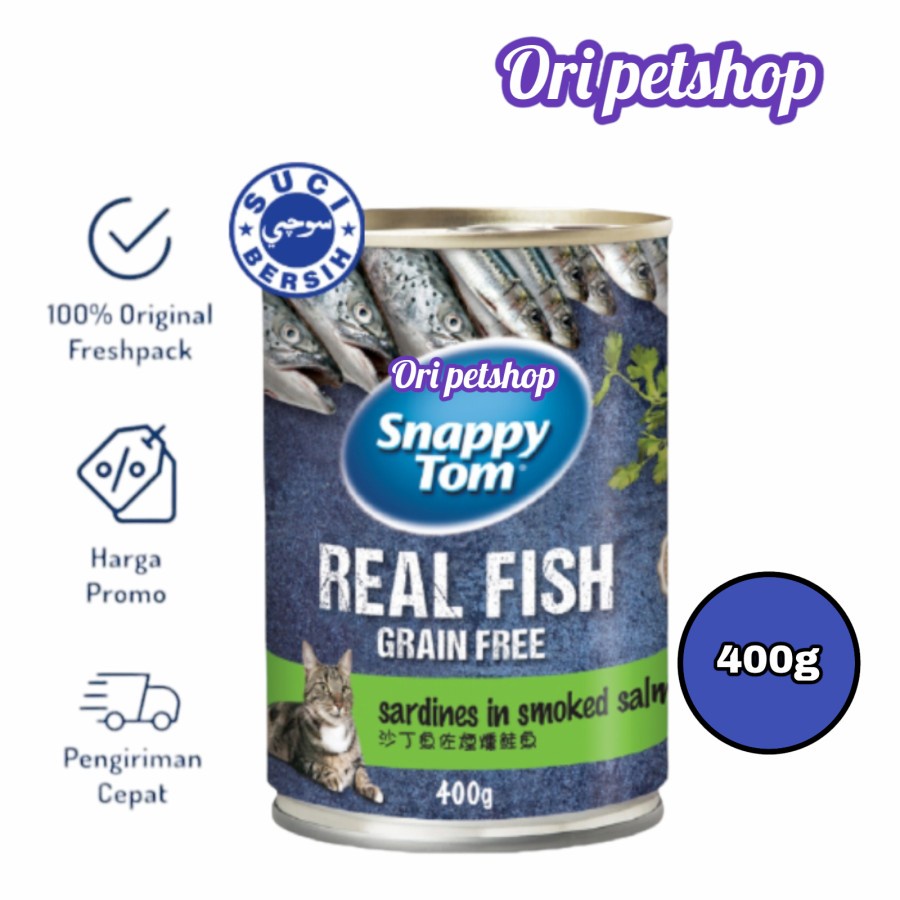 Snappy Tom Kaleng Sardine Smoked Salmon Makanan Kucing Wet 400g