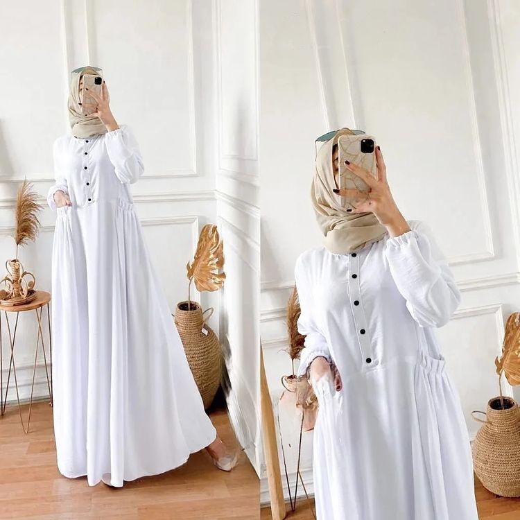 Gamis putih bahan Crinkle Baju Gamis wanita 2025 Ootd hijab kekinian model simple terbaru Chika dres