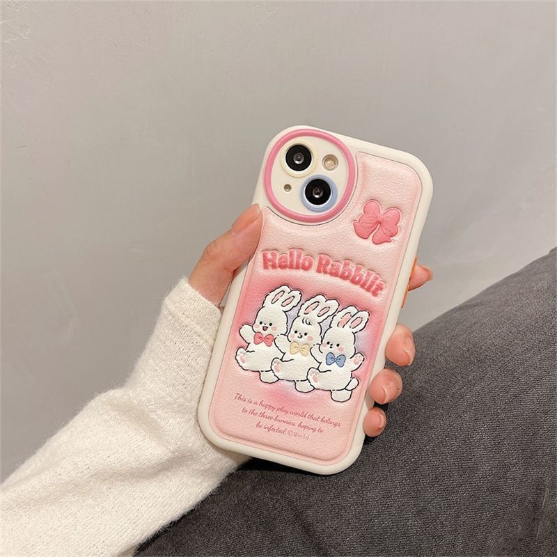 Case Desain Tiga Kelinci Pink Aksen Pita Untuk IPhone 12 13 14 11 Pro Max Xxsdcd