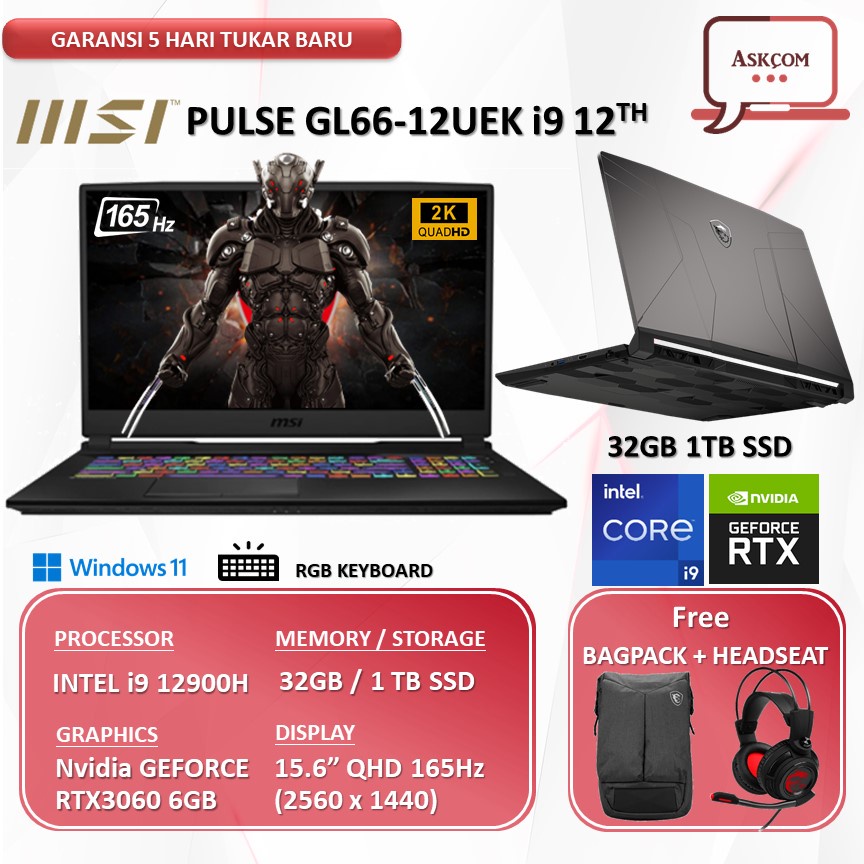 MSI Pulse GL66 Core i9 12900H 32GB 1TBssd RTX3060 6GB 15.6&quot;FHD IPS 165Hz -12UEK.265 FREE HEADSET