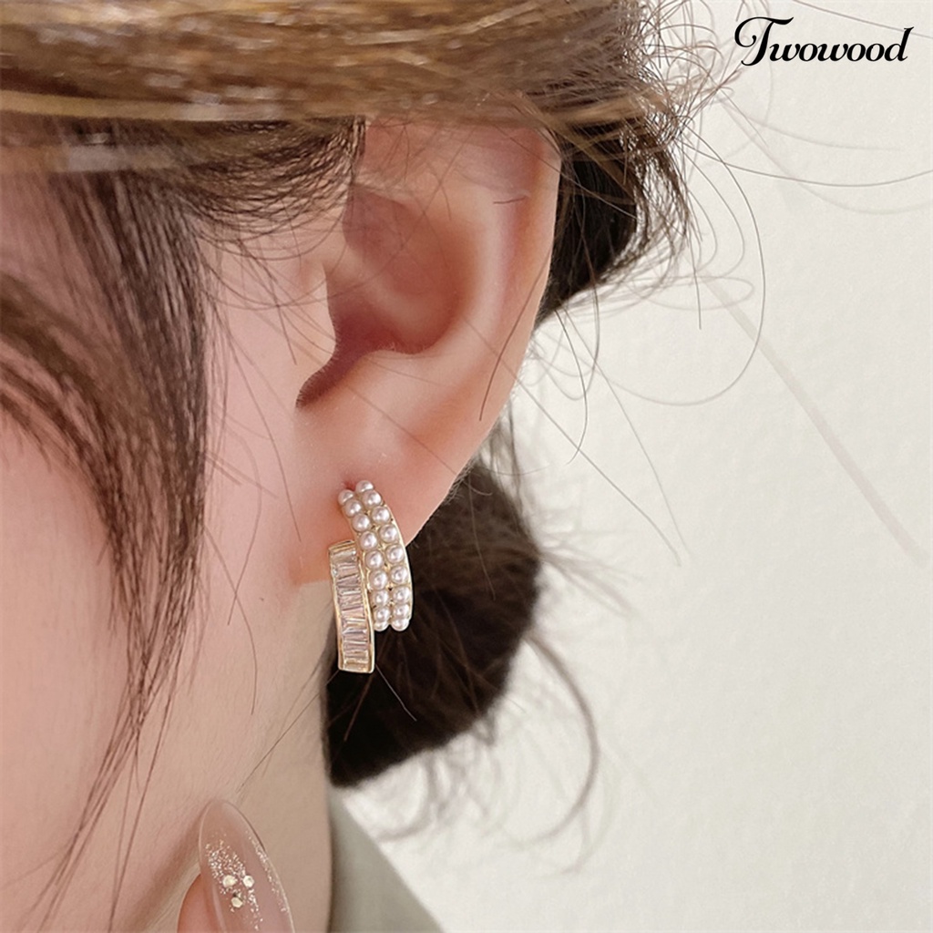 1 Pasang Anting Stud Mutiara Berlian Imitasi Double Layer Untuk Wanita