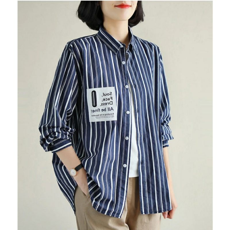 MDLV ~ 7845# Jammie Striped Shirt Kemeja Garis Navy Import