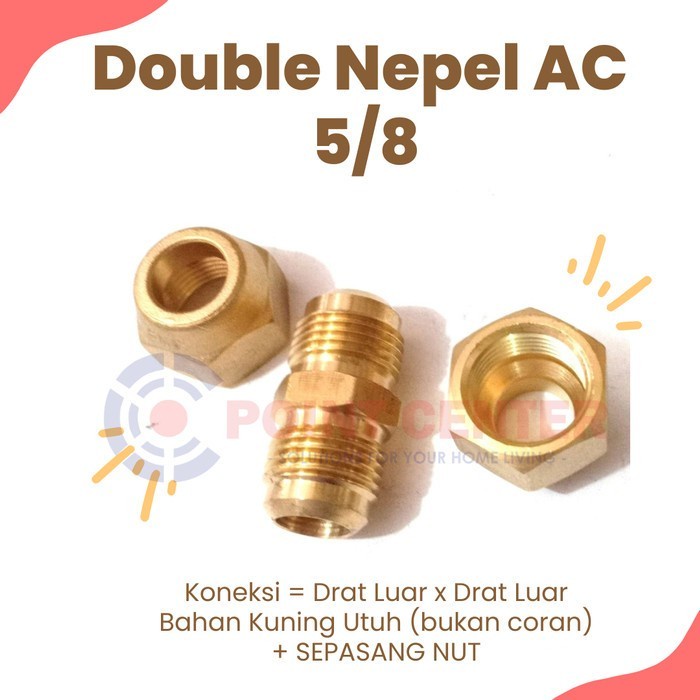 TERBAIK DOUBLE NEPEL AC SET + NUT 5/8 SAMBUNGAN PIPA AC KUNINGAN