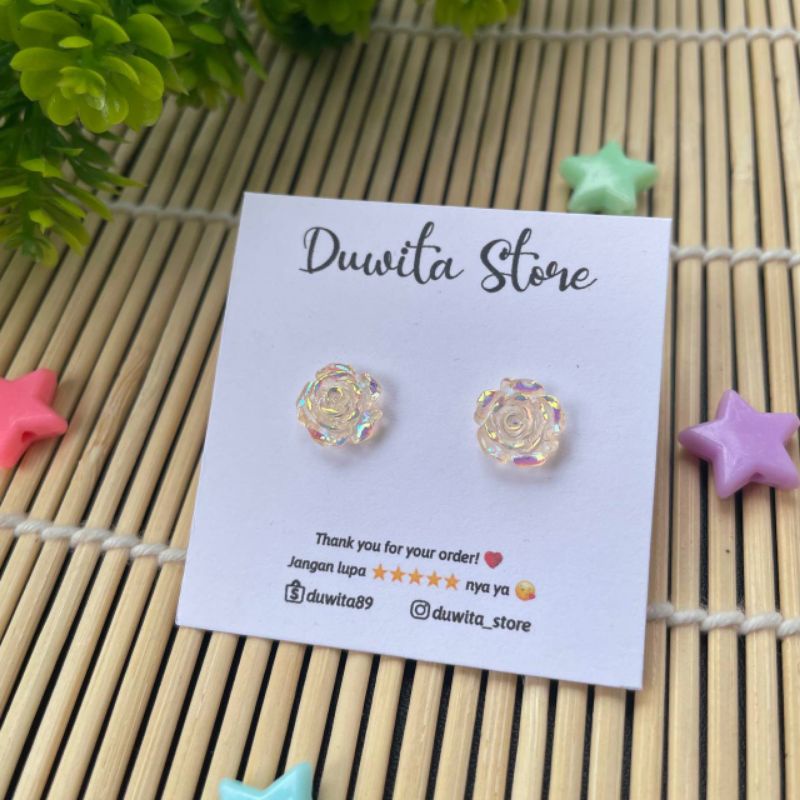 HANDMADE ANTING TUSUK PLASTIK ANAK/DEWASA MOTIF MAWAR BENING