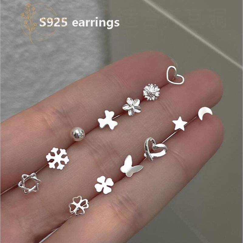 Roselife Anting Tusuk Silver S925 Gaya Korea Bentuk Geometri Clover / Hati / Bulan / Bintang / Butterfly Untuk Wanita