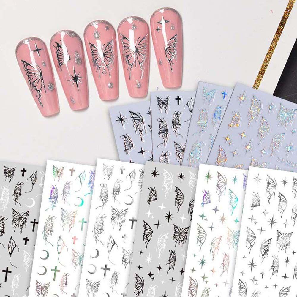 Mxbeauty Stiker Kuku Motif Kupu-Kupu Hollow Warna Hitam / Putih Untuk Dekorasi Nail Art / Manicure Wanita Butterfly