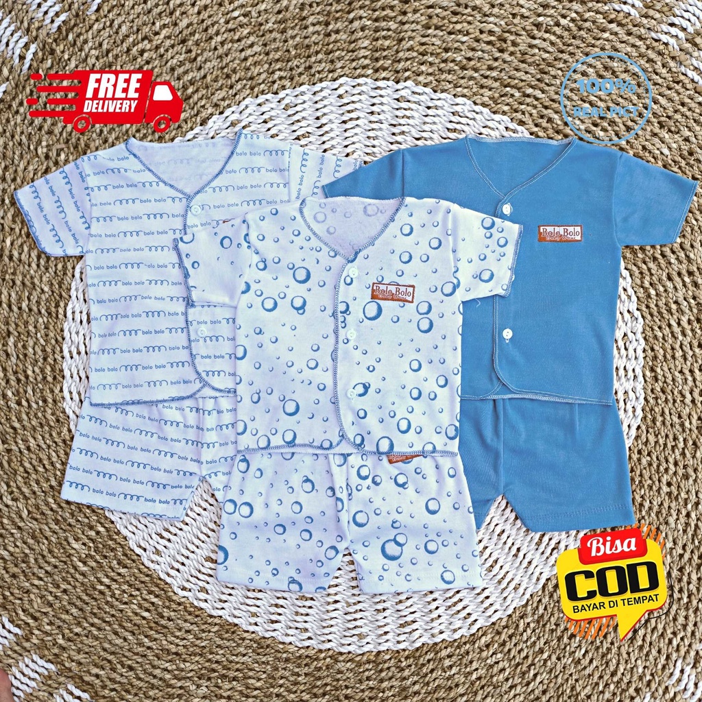 SALE 7.7 Serian Biru - 3 Stel Setelan Baju Bayi Tangan Pendek Celana Pendek Bayi 0 sd 3 Bulan BLUE SEA SERIES merk SNI Bolo - Bolo