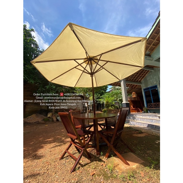 meja payung jati diameter 120X75 Lanawooden.id kain parasol polyster ketahanan 1th meja cafe outdoor