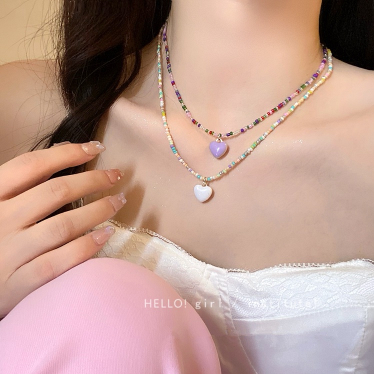 Papaozhu Chic Glossy Jantung Liontin Pelangi Manik-Manik Kalung Untuk Wanita Perempuan Musim Panas Warna-Warni Manik-Manik Tulang Selangka Rantai Trendi Perjalanan Liburan Kalung Perhiasan