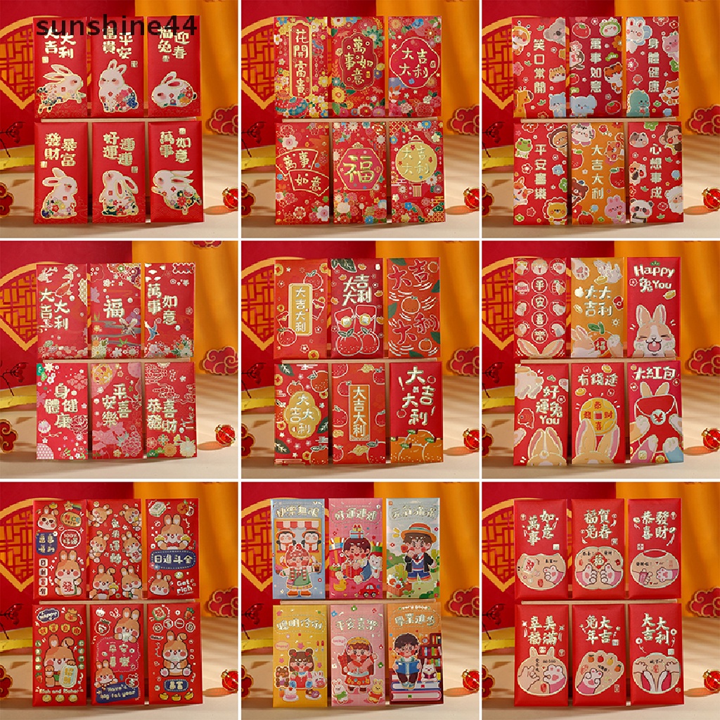 Sunshine 6Pcs Amplop Angpao Tahun Baru Cina / Imlek 2023 Motif Kartun Kelinci Warna Merah