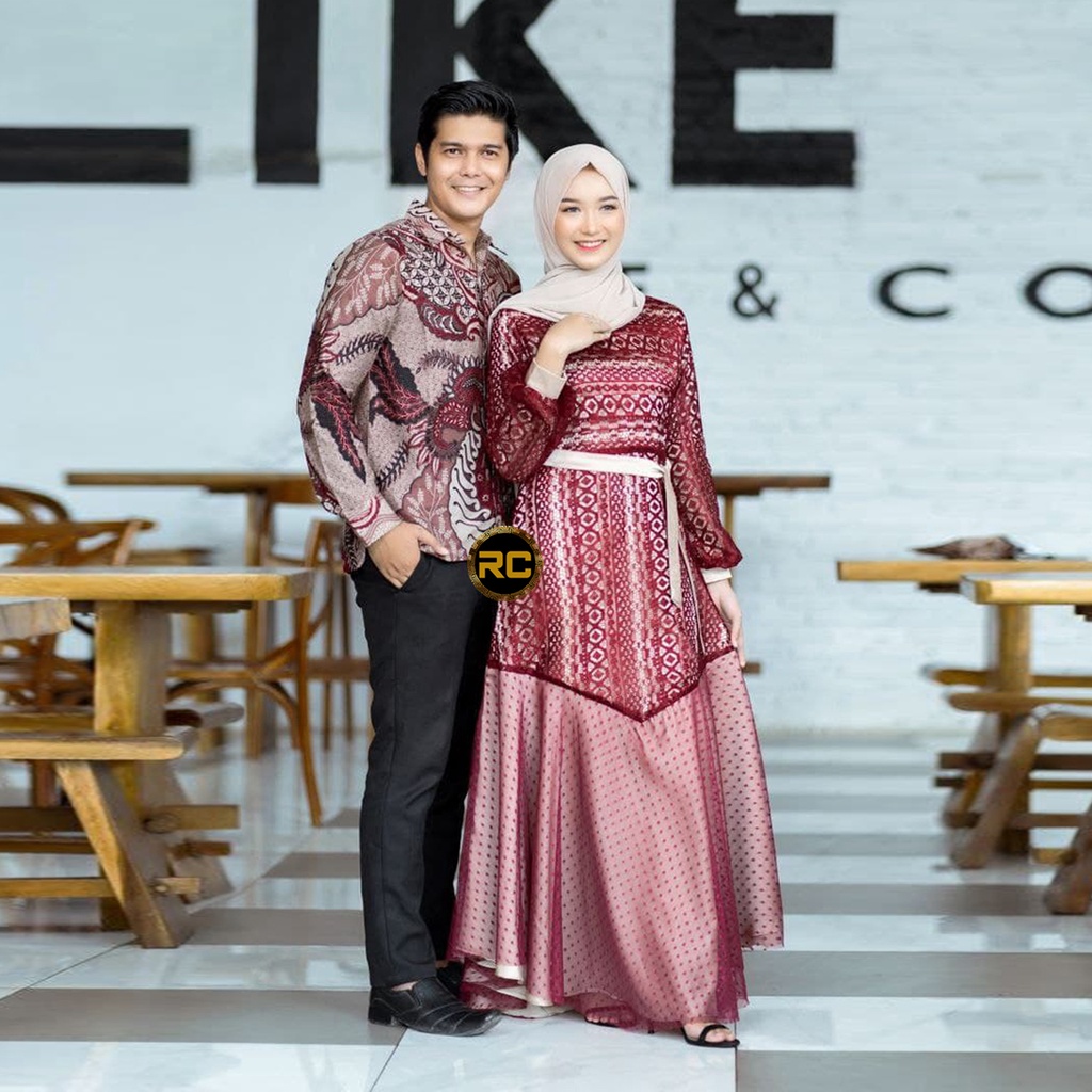 Risqhi Collection Couple Gamis Batik Kombinasi Maxmara Brukat Merah