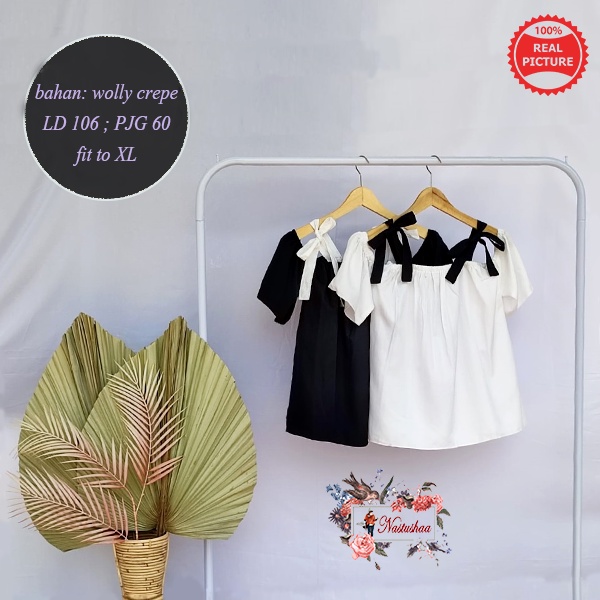 BAJU ATASAN PAKAIAN BLOUSE SABRINA PENDEK TALI PUNDAK CROP TOP CASUAL WANITA KEKINIAN WARNA MONOKROM MURAH