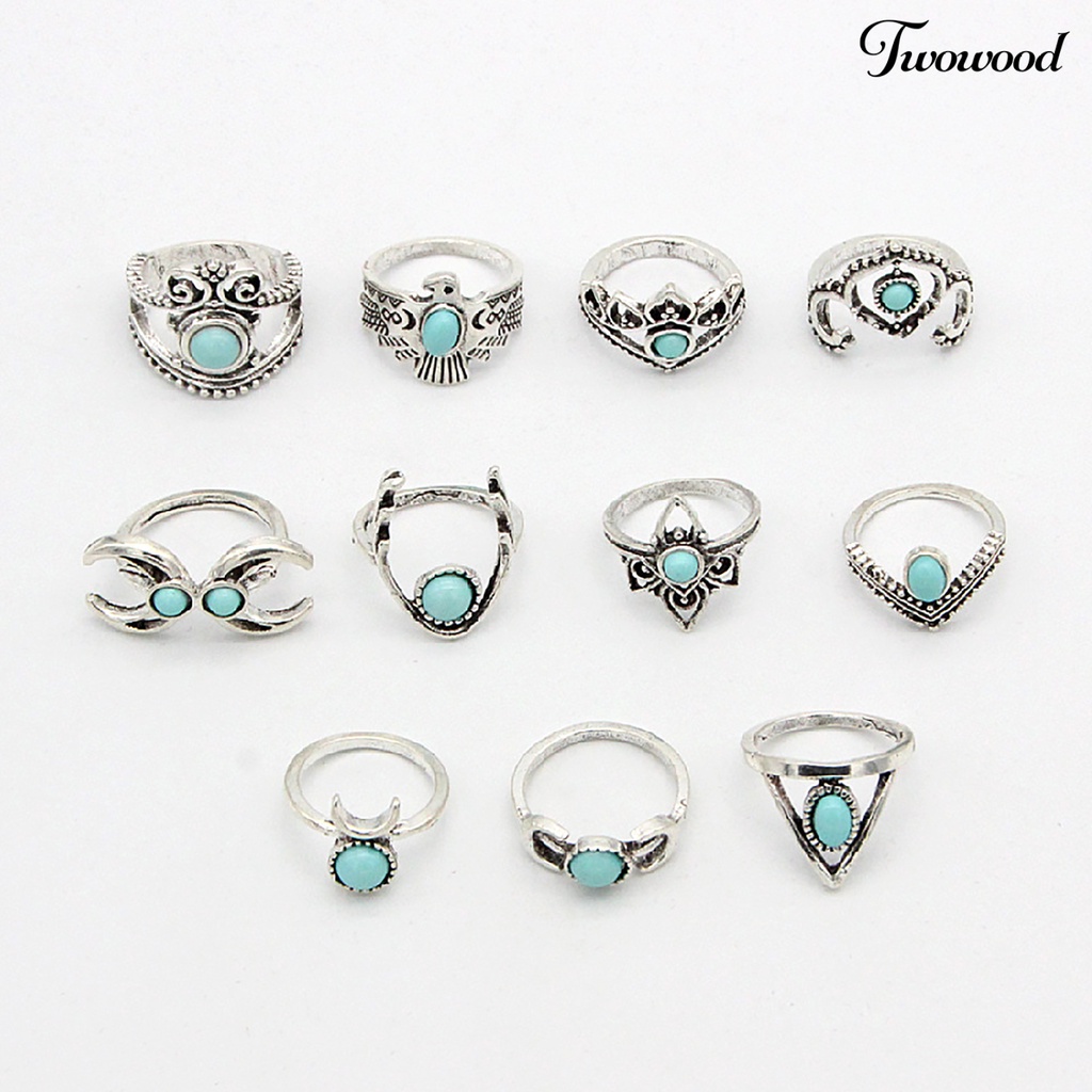 11pcs Cincin Knuckle Desain Bulu Bunga Aksen Batu Permata Imitasi Gaya Etnik