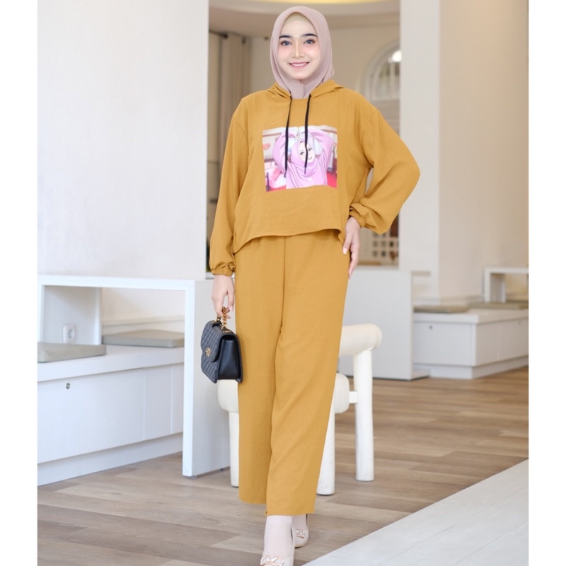 SETELAN WANITA HOODIE CRINKLE AIRFLOW LD 115 ONE SET PIYAMA VIRAL TERBARU