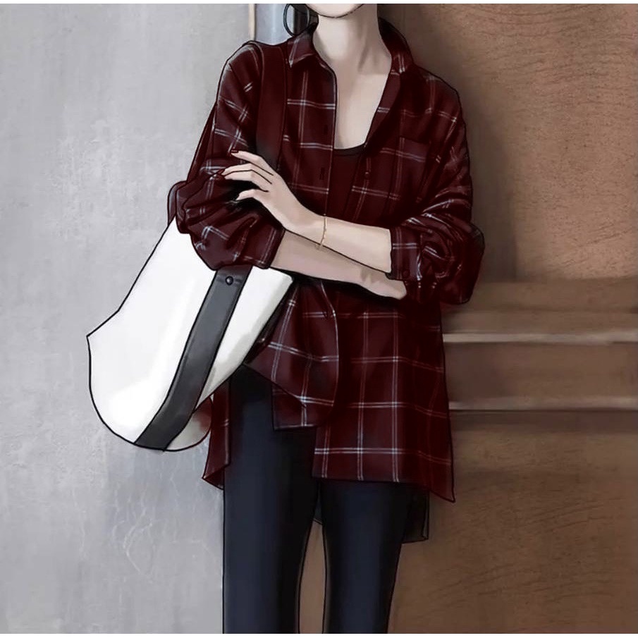 KEMEJA OVERSIZE WANITA / KEMEJA JUMBO WANITA / KEMEJA MOTIF KOTAK / KEMEJA KOTAK LENGAN PANJANG IMPO