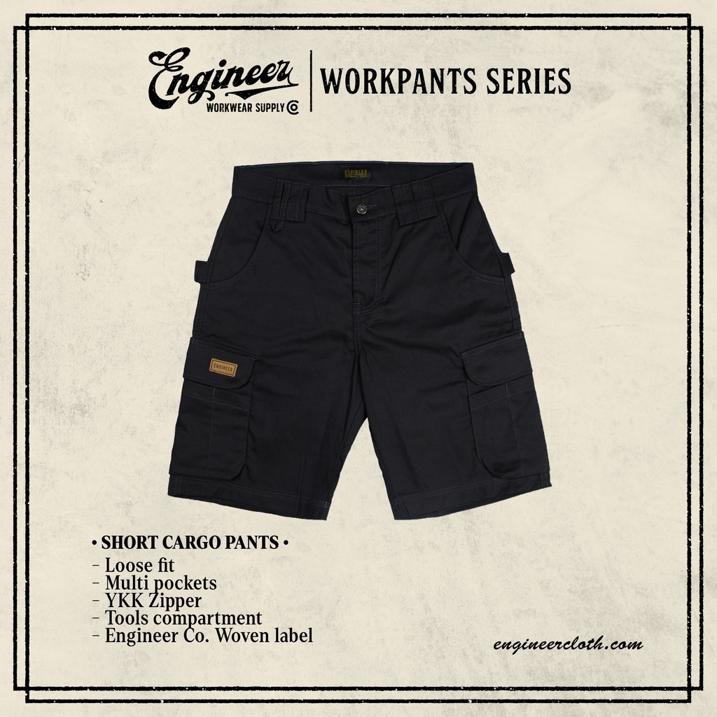 GRADER PANTS BLACK-Short Workpant / Celana Cargo Pendek by ENGINEER