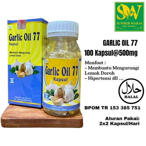 Garlic Oil 77 POM 100 Kapsul bawang oil Obat Flu - Bronchitis - Sakit Kepala Meningkatkan alkalitas dan kualitas pembuluh darah Mengatasi disentri dan cacingan pada anak Meningkatkan daya tahan (Imun) tubuh Mencegah dan mengobati flu, batuk, pilek, plek,