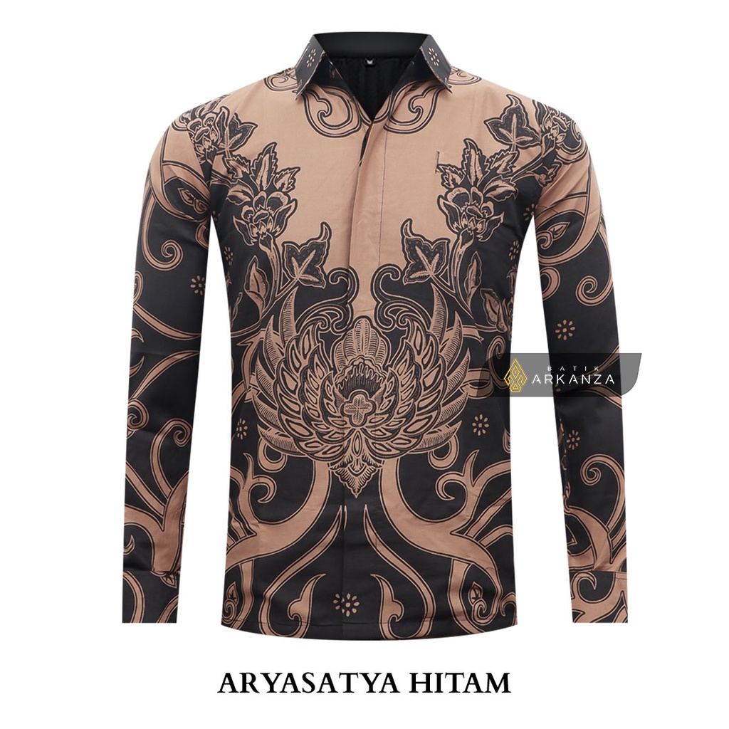 BATIK ARKANZA Motif ARYASATYA HITAM Hem Atasan Kemeja Baju Batik Pria Cowok Laki Laki Slimfit Full Lapis Furing Lengan Panjang