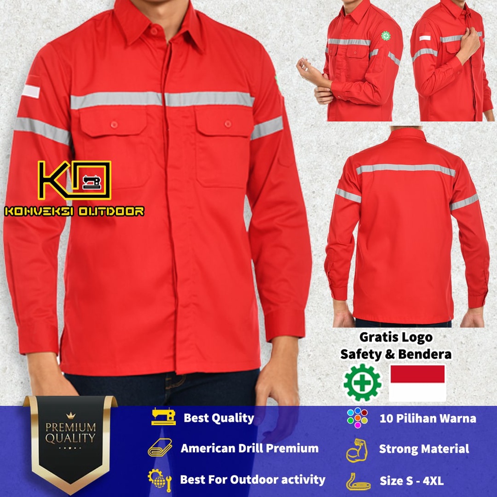 BAJU KEMEJA SAFETY WEARPACK K3 OUTDOOR PREMIUM LENGAN PANJANG - Seragam Proyek Pria Kerja Lapangan Bangunan Tambang Alat Berat PLN Enginer Instalasi Mesin Warepack Werpak Werpack Warepak Warpack Warpak Teknisi scotlet Warna Merah Konveksi Outdoor