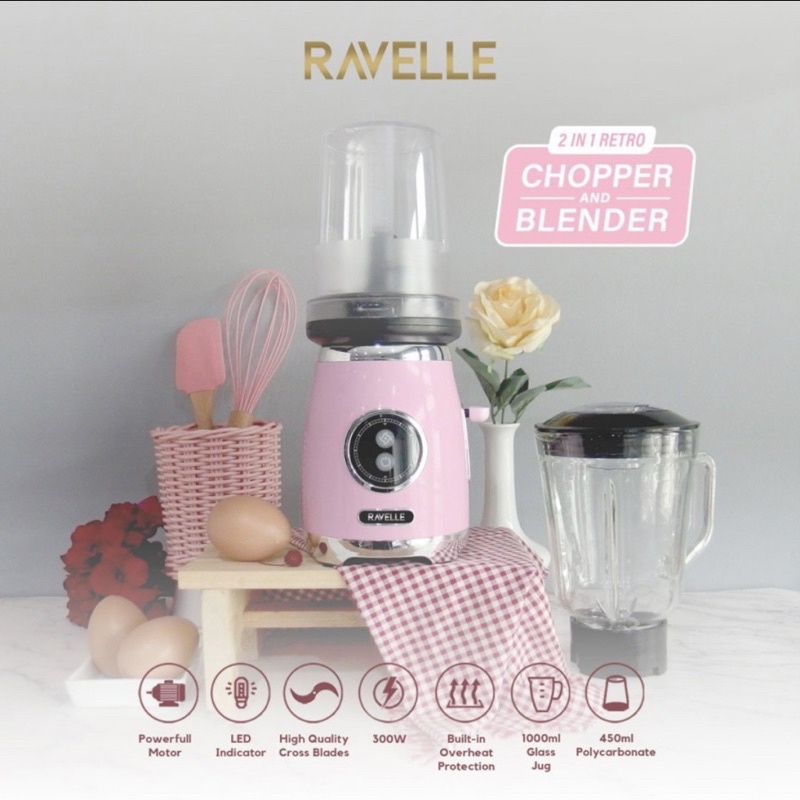Ravelle Retro Blender Plus Chopper - Chopper Blender - Baby Pink