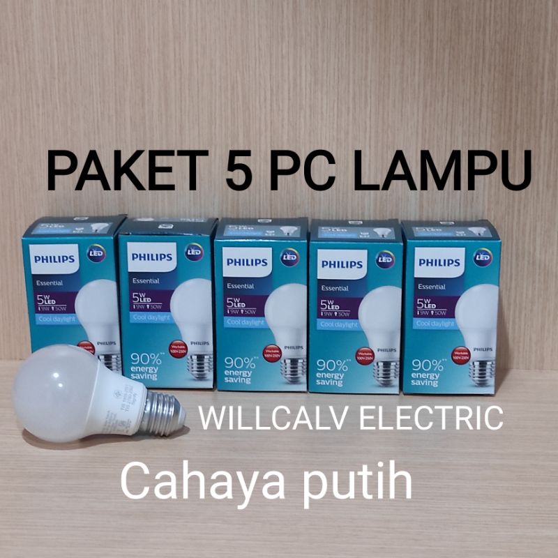 PAKET 5 PC LAMPU PHILIPS LED ESSENTIAL 3W, 5W, 7W, 9W CAHAYA PUTIH