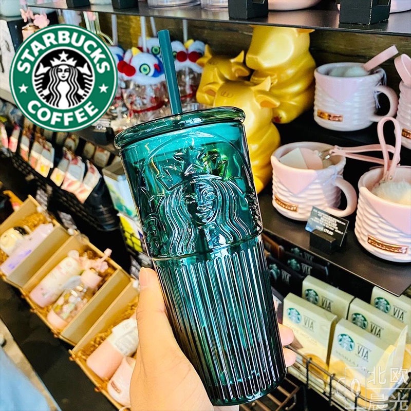 Original 100% 600ML Starbucks Dark Green Goddess Glass High Color Straw Cup Starbucks Tumbler