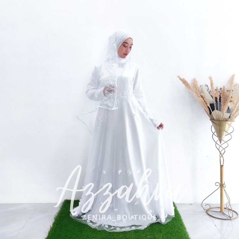 AZZAHRA Wedding Dress FREE VEIL dan PASMINA / Gaun pernikahan putih / baju akad / prewedding