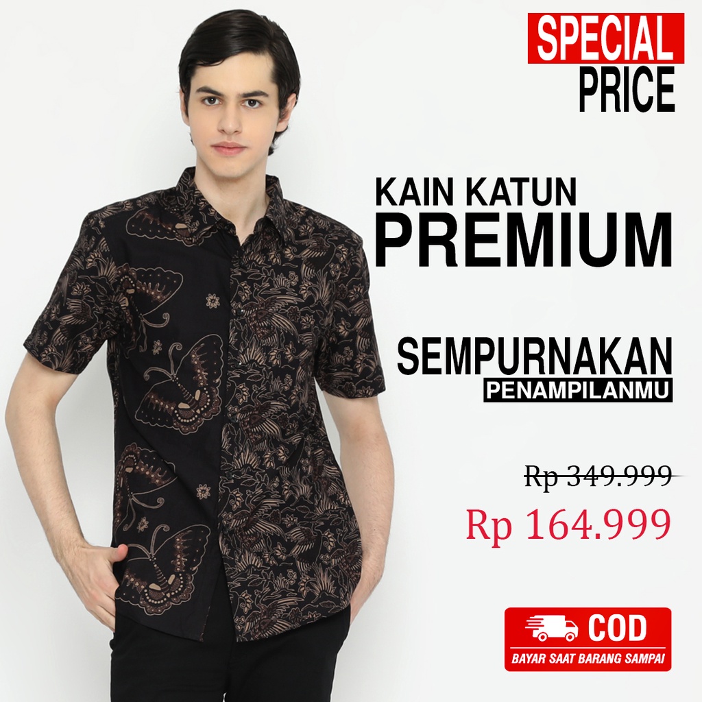 KEMEJA BATIK PRIA Lengan Pendek Slimfit Premium Bangau Two Tone Siang Sore Hitam 726610 Cap 72 - Baju Kemeja Atasan Pakaian Setelan Batik Pria Cowok Laki Laki Remaja Keluarga Kantor Lengan Pendek Modern Slimfit Slim Fit Premium Kekinian