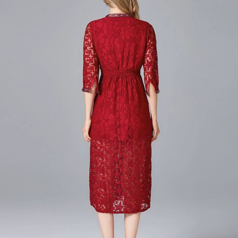 MDLV ~ 0992# CNY Azaleas Lace Midi Dress Imlek Sincia