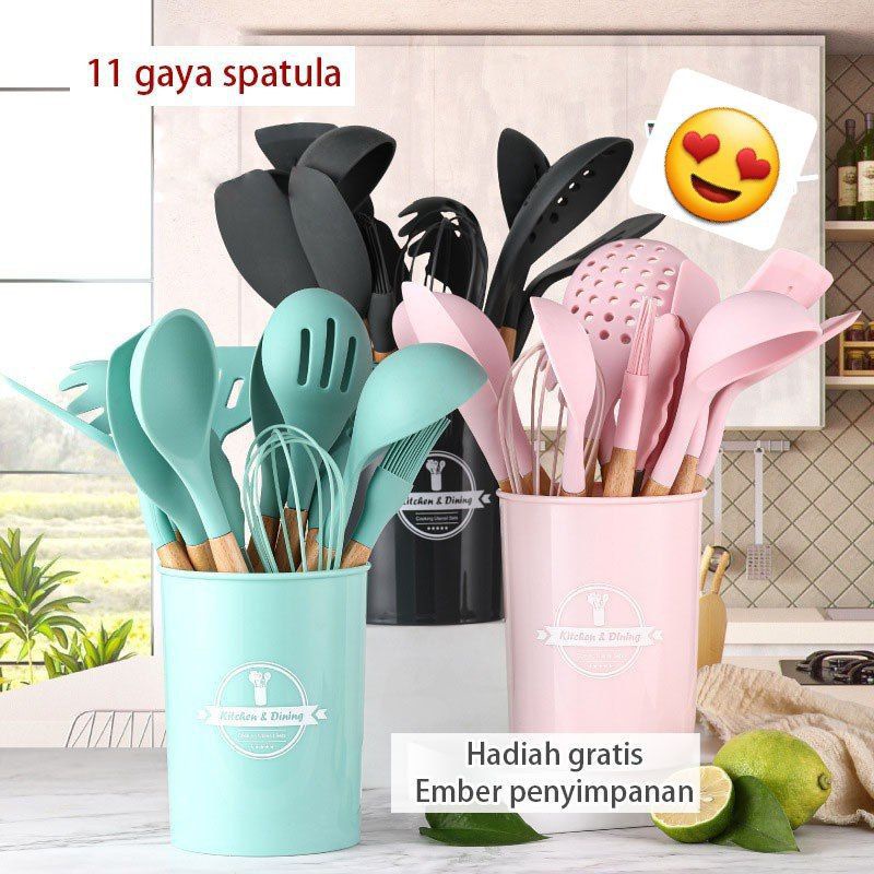 SPATULA SILIKON SET 12Pcs / ALAT MASAK SILIKON SERBAGUNA / PERALATAN MASAK SILIKON