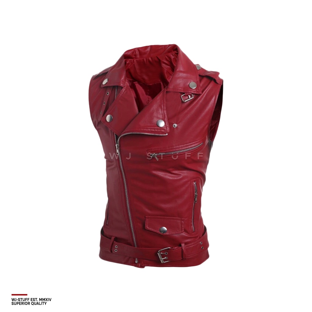 WJ Stuff - Rompi Kulit Sintetis Pria Rock n Roll Vest Hitam Merah