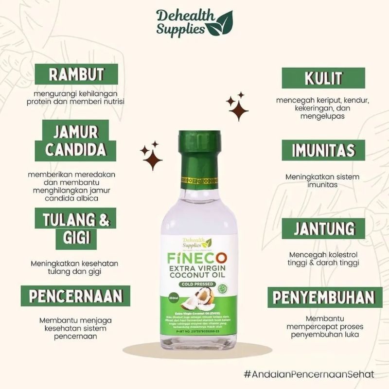 

Dehealth Supplies FINECO Extra Virgin Coconut Oil / Minyak kelapa Murni Alamiah ( botol kaca )