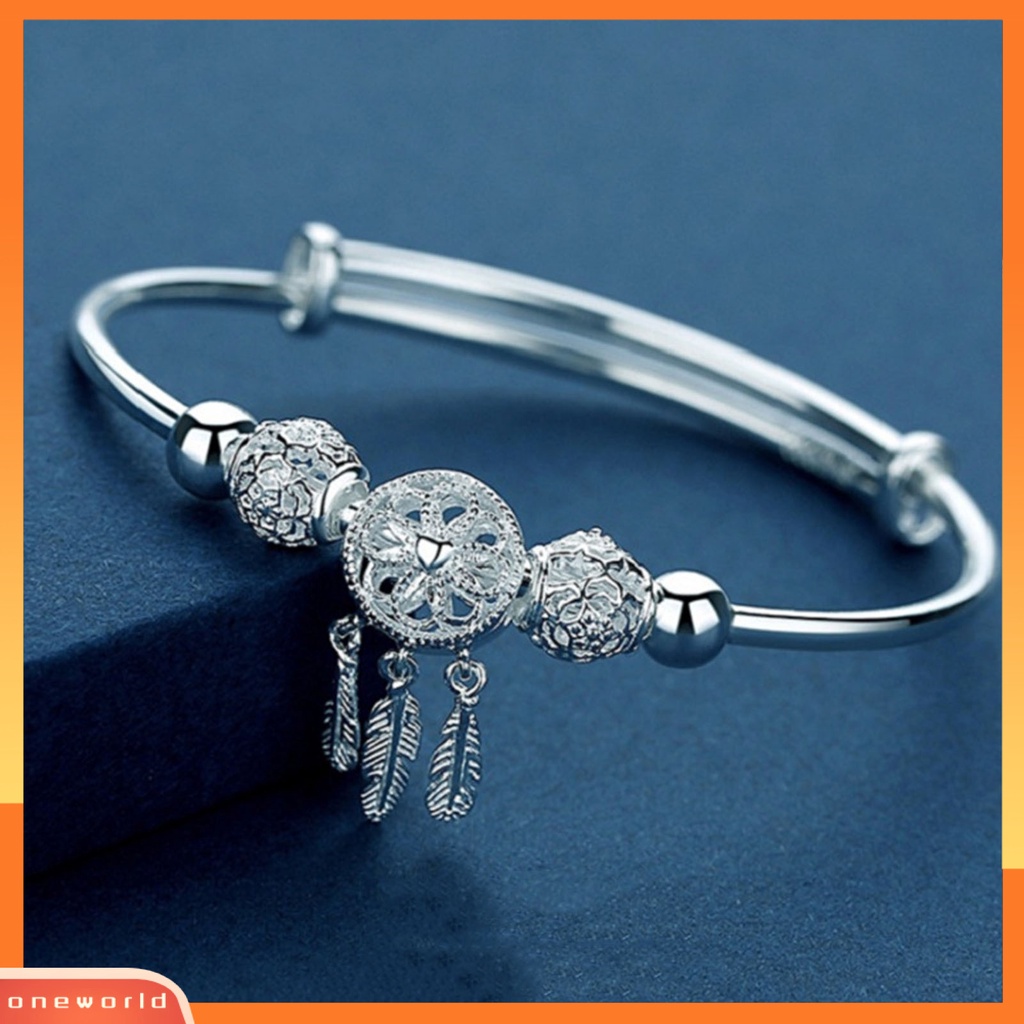 Gelang Bangle Adjustable Bentuk Lingkaran Hias Manik-Manik Bulu Rumbai Warna Silver Untuk Wanita