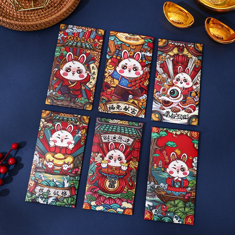 Cny 4 / 6pcs Amplop Angpao Merah Motif Kartun Kelinci Lucu Untuk Tahun Baru Imlek 2023