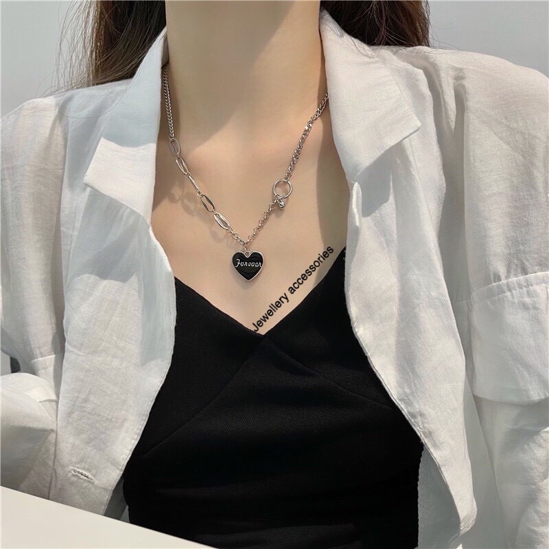 Kalung Titanium Black Love Silver Korea Fashion Elegant Style