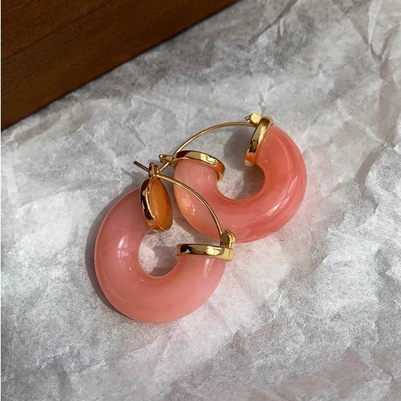 Anting 925 Silver Needle Bentuk U Desain Cherry Blossom Pink Bahan Resin Gaya Eropa Amerika Untuk Wanita