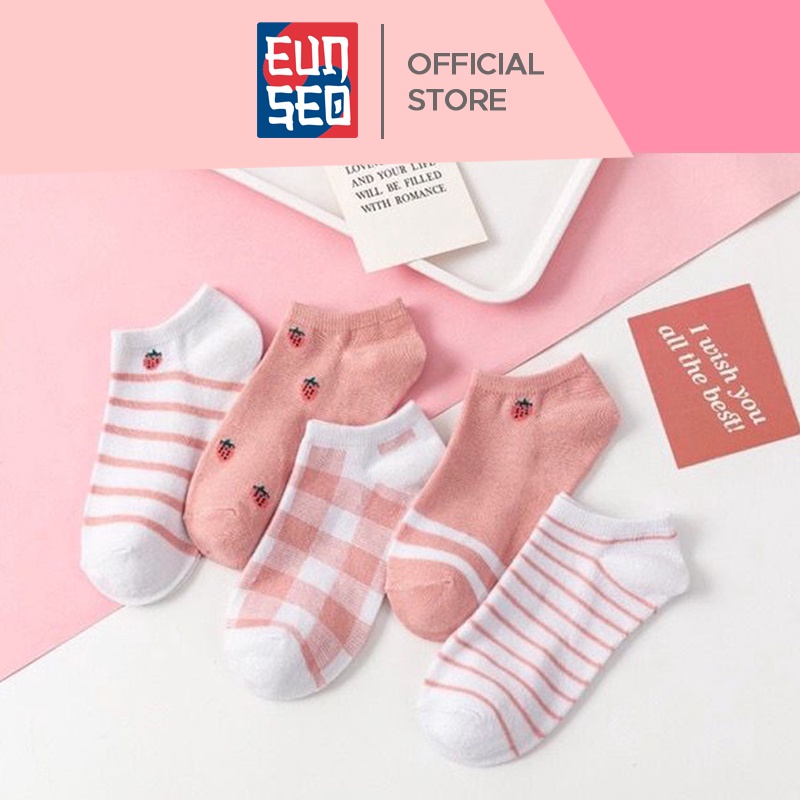 EUNSEO Kaos Kaki Ankle Cute Fashion Korea Motif Strawberry Garis Pink Kaos Kaki Pendek Import