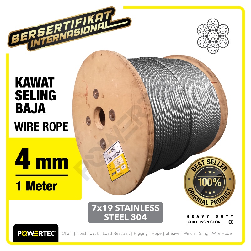 POWERTEC Wire Rope / Kawat Seling Baja 7x19 SS 304 4mm   - 1 Meter