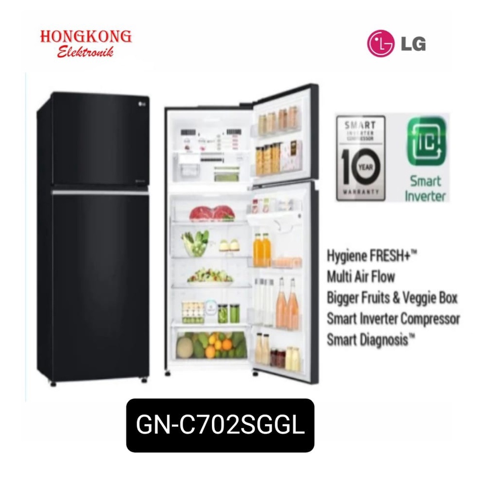 LG GN-C702SGGL Kulkas 2 Pintu Smart Inverter - Hitam Kaca Black Glass