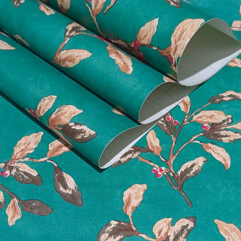 wallpaper stiker dinding hijau polos berstektur daun krem pucuk bunga cantik