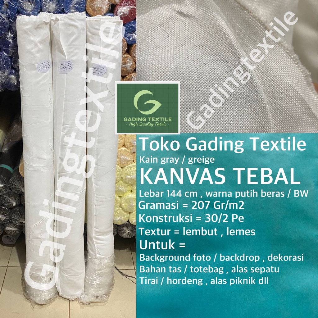 ( per setengah meter ) kain KANVAS TEBAL canvas gray greige lebar 144 cm warna putih beras BW meteran bahan diy tas totebag tote goodie bag souvenir alas sepatu dekorasi dekor tirai hordeng gorden alas piknik kerajinan tangan printing sublime sublim